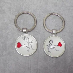 Paar Schlüsselanhänger Herz Set – Liebe Cabochon Glas Stahl Geschenk Valentinstag