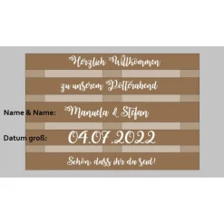 Palettenaufkleber für die Hochzeit - personalisiert - weiße/schwarze Schrift Herzen Datum Herzlich Willkommen Font 2