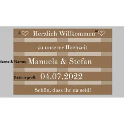 Palettenaufkleber für die Hochzeit - personalisiert - weiße/schwarze Schrift Herzen Datum Herzlich Willkommen Font 5