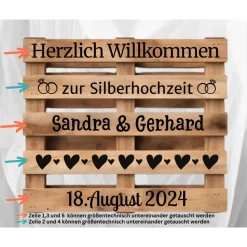 Palettenaufkleber Silberhochzeit ,Willkommenspalette silberne Hochzeit, Willkommensschild, Palettenschrift