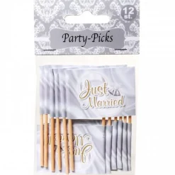 Party Picks Just Married  à 12 Spieße, kleine Fähnchen, 8x5 cm, Papier/Holz