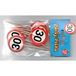 Party Picks Party Spieße Happenspieße 12 Stück – Verkehrsschild Zahl 30 oder 70, 8,5 x 3,5 cm, Papier/Holz