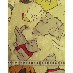 Patchworkstoff Christmas Cats – Zart grüner Baumwollstoff mit Katzen im Schneegestöber