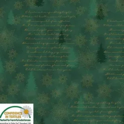 Patchworkstoff Star Springle,  grüner Quiltstoff mit  goldenen Sterne, Tannenbäume und Schrift