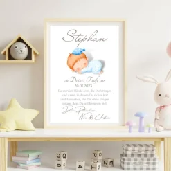 Patenbrief Baby blau von Patentante Patenonkel Pateneltern als Poster Urkunde | Geschenk zur Taufe personalisiert