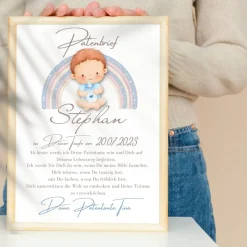 Patenbrief Baby blau von Patentante Patenonkel Pateneltern als Poster Urkunde | Geschenk zur Taufe personalisiert