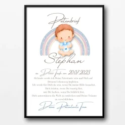 Patenbrief Baby blau von Patentante Patenonkel Pateneltern als Poster Urkunde | Geschenk zur Taufe personalisiert