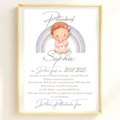 Patenbrief Baby rosa von Patentante Patenonkel Pateneltern als Poster Urkunde | Geschenk zur Taufe personalisiert