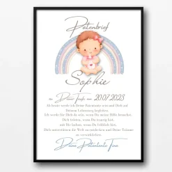 Patenbrief Baby rosa von Patentante Patenonkel Pateneltern als Poster Urkunde | Geschenk zur Taufe personalisiert