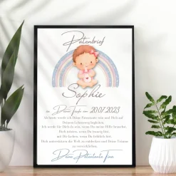 Patenbrief Baby rosa von Patentante Patenonkel Pateneltern als Poster Urkunde | Geschenk zur Taufe personalisiert