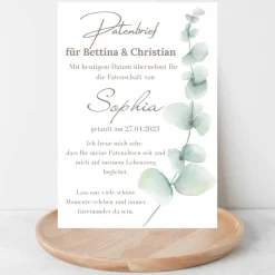Patenbrief Eukalyptus für Patentante Patenonkel Pateneltern als Poster Urkunde | Geschenk zur Taufe personalisiert
