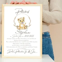 Patenbrief Löwe für Patentante Patenonkel Pateneltern als Poster Urkunde | Geschenk zur Taufe personalisiert
