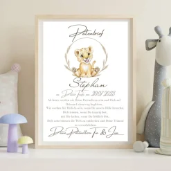 Patenbrief Löwe für Patentante Patenonkel Pateneltern als Poster Urkunde | Geschenk zur Taufe personalisiert