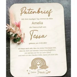 Patenbrief, personalisiert, Geschenk für die Patin/den Paten, Andenken, Taufgeschenk, Taufe, Taufpate (OHNE Trockenblume