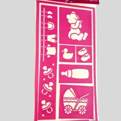 Pergamano Template Baby – Motivvorlage für Geburt und Taufe mit Wäscheleine, Kinderwagen, Teddybär und Schnullern