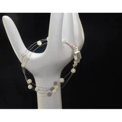 Perlenarmband 3 Reihen schwebende Perlen Hochzeitsschmuck Draht echte Perlen Drahtarmband Sterling Silber junge Mädchen zarter Schmuck