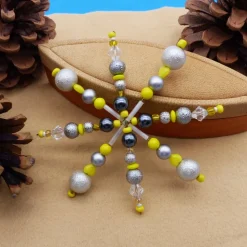 Perlenstern mit Herzchen, Weihnachtsstern, gelb grau silber, Drahtstern, Advent, Deko