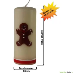 Personalisierbare cremefarbene Weihnachtskerze mit liebevoll handgefertigtem Lebkuchenmann und bunter Schleife