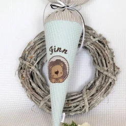 Personalisierbare Geschwistertüte kleine Schultüte Löwe aus hellblauem Waffelpique – Kindergartentüte mit Namen