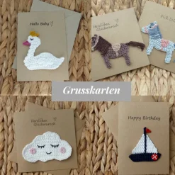 Personalisierbare Glückwunschkarte Taufe, Kommunion & Firmung – Handgemachte Klappkarte mit gehäkelten Fischen & Umschlag
