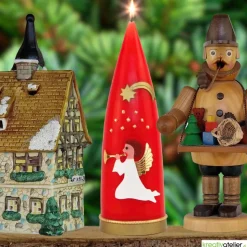 Personalisierbare rote Weihnachtskerze in Kegelform mit Engel & Stern – Deko für Advent & Weihnachten