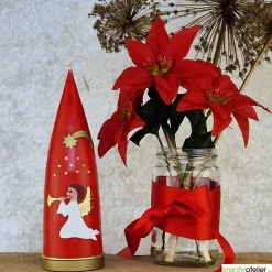 Personalisierbare rote Weihnachtskerze in Kegelform mit Engel & Stern – Deko für Advent & Weihnachten