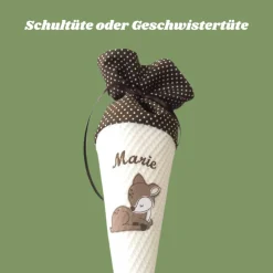 Personalisierbare Schultüte mit Reh & Name – Handgemachte Schultüte & Geschwistertüte zur Einschulung