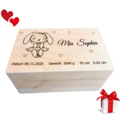 Personalisierte Baby-Erinnerungskiste mit niedlichem Hasenmotiv,  eine perfekte Holzbox als Geschenk, Geburtebur
