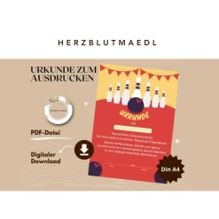 Personalisierte Bowling Urkunde DIN A4 - Perfekt für Bowling-Partys und Geburtstags-Mitgebsel als digitale Datei zu