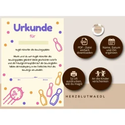 Personalisierte Bowling Urkunde DIN A4 - Perfekt für Bowling-Partys und Geburtstags-Mitgebsel als digitale Datei zum aus