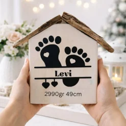 Personalisierte Deko Häuser aus Holz – Handmade Geschenk zur Taufe & Geburt mit Treibholz Deko