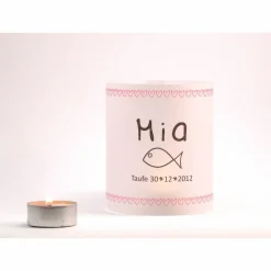 Personalisierte DIY Lichthülle aus Papier mit rosa Herzen und Fisch zur Taufe Firmung Kommunion Konfirmation Bat Mizwa