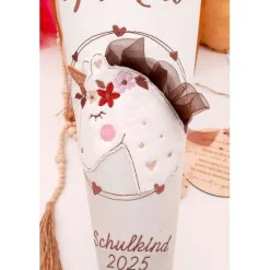 Personalisierte Einhorn Schultüte aus Stoff - weißer mit Gräsermuster - schlichte und zeitlose Zuckertüte