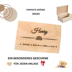 Personalisierte Erinnerungskiste für Babys - Regenbogen - Personalisiert mit Name & Datum - Holzkiste- Box-
