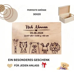 Personalisierte Erinnerungskiste für Babys - Safari-Tiermotiv - mit Name und Datum personalisiert.