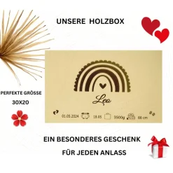 Personalisierte Erinnerungskiste für Babys - Regenbogen  - Personalisiert mit Name & Datum - Holzbox