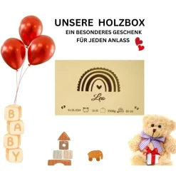Personalisierte Erinnerungskiste für Babys - Regenbogen  - Personalisiert mit Name & Datum - Holzbox