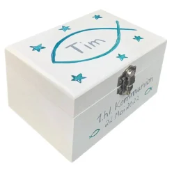Personalisierte Erinnerungskiste Fisch zur Taufe, Kommunion & Konfirmation – Geschenkbox aus Holz