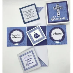 Personalisierte Explosionsbox zur Kommunion, Konfirmation, Taufe oder Geburt – Handgemachtes Geschenk mit Bibel-Schachtel (blau/weiß)