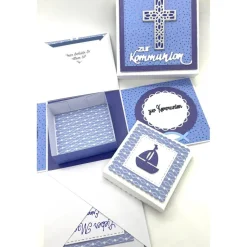 Personalisierte Explosionsbox zur Kommunion, Konfirmation, Taufe oder Geburt – Handgemachtes Geschenk mit Bibel-Schachtel (blau/weiß)