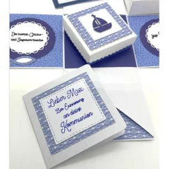 Personalisierte Explosionsbox zur Kommunion, Konfirmation, Taufe oder Geburt – Handgemachtes Geschenk mit Bibel-Schachtel (blau/weiß)