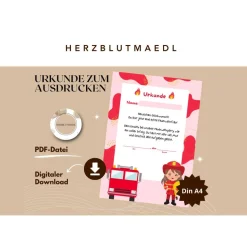 Personalisierte Feuerwehr Urkunde für Mädchen Feuerwehrparty in A4 - Ideales Geburtstags-Mitgebsel als Download