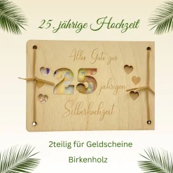 Personalisierte Geldgeschenkkarte zur Silberhochzeit aus Birken-/MDF-Holz mit Lasergravur
