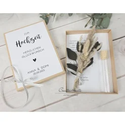 Personalisierte Geschenkbox Zur Hochzeit mit Trockenblumenstrauß - Geldgeschenk - NATUR