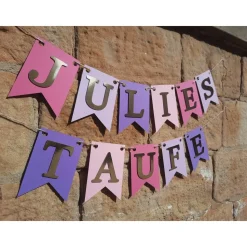 Personalisierte Girlande zur Taufe, Lila, Rosa und Gold, Wimpelkette Taufe mit Wunschnamen