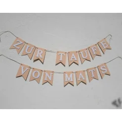 Personalisierte Girlande zur Taufe, beige und weiß, Wimpelkette mit Wunschnamen