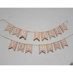 Personalisierte Girlande zur Taufe, beige und weiß, Wimpelkette mit Wunschnamen