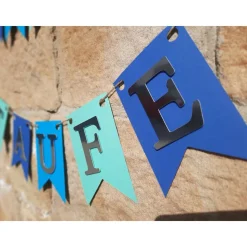 Personalisierte Girlande zur Taufe, Blau, Türkis und Silber, Wimpelkette Taufe mit Wunschnamen