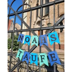 Personalisierte Girlande zur Taufe, Blau, Türkis und Silber, Wimpelkette Taufe mit Wunschnamen
