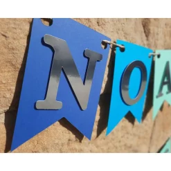 Personalisierte Girlande zur Taufe, Blau, Türkis und Silber, Wimpelkette Taufe mit Wunschnamen